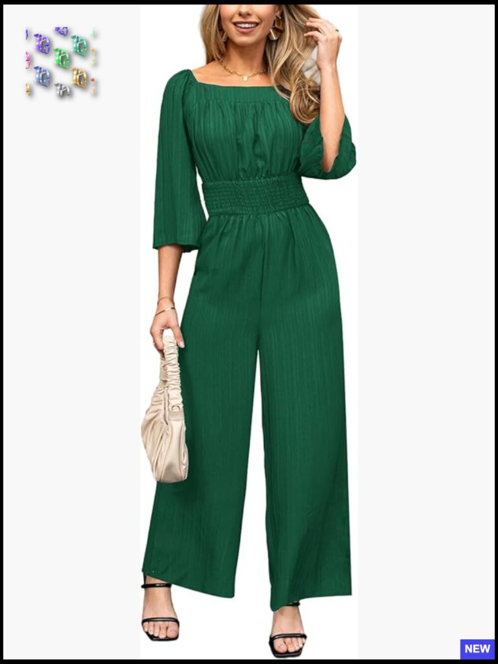 Elegant Square Neck Jumpsuit Wide Leg Pants Smocked Waist 3/4 Sleeve Romper